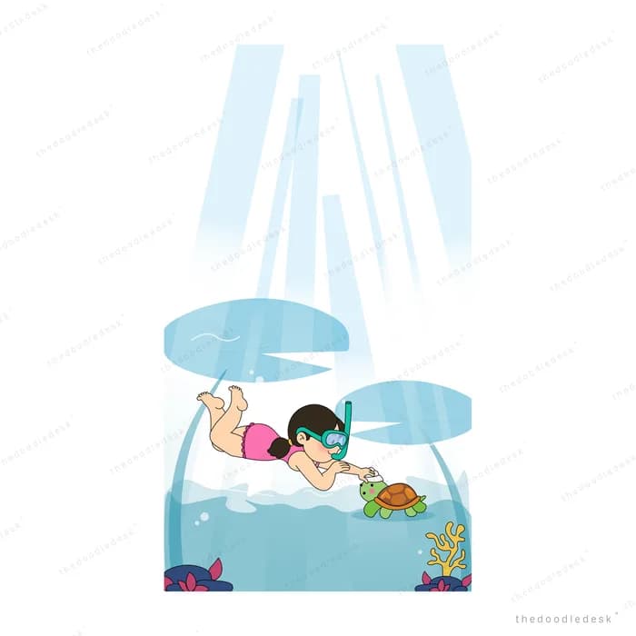 Mermaid with a green tail swimming toward a turtle inside a glass bowl under light beams
