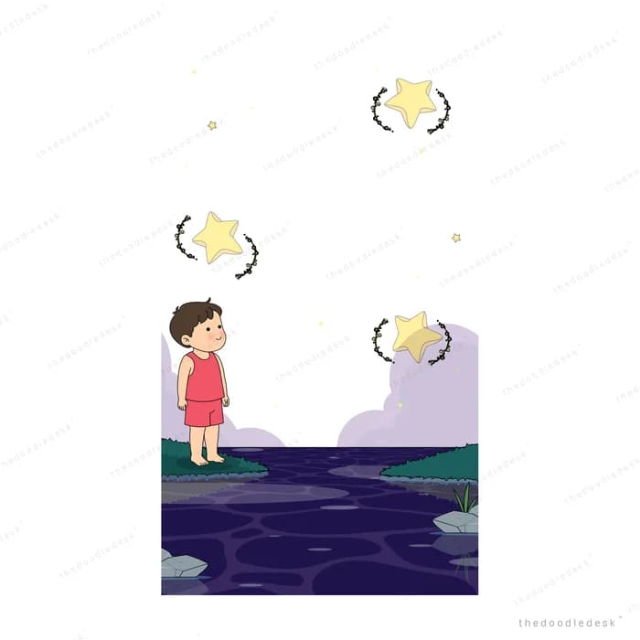 Boy in a red scarf reaching up as three yellow stars fall over a dark hilltop