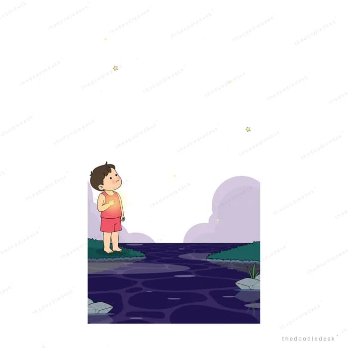Boy hugging a caught star to his chest on a dark hilltop at night