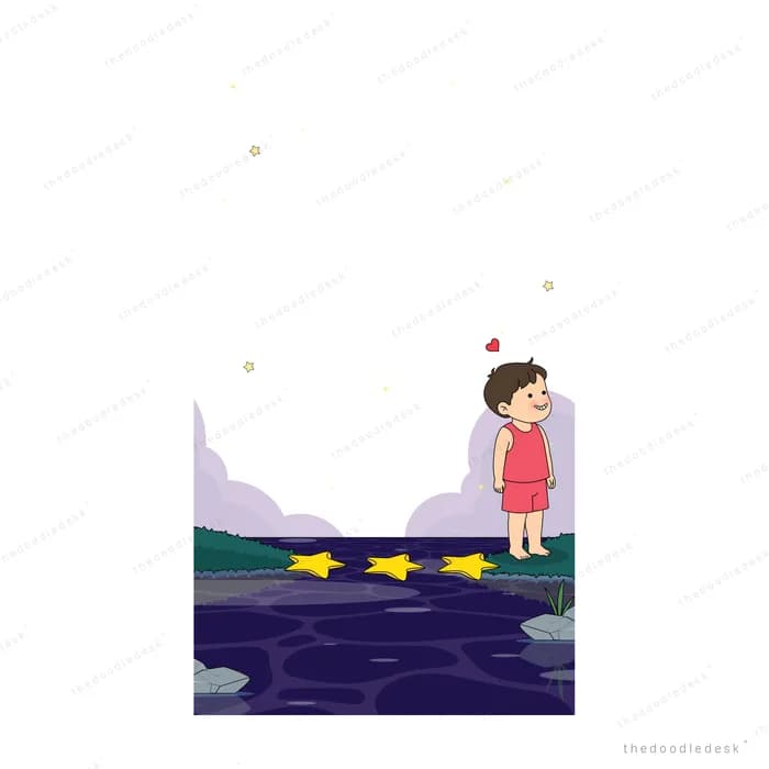 Boy standing over three stars lined up on the ground as a shooting star streaks down