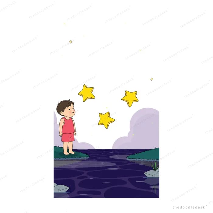 Boy juggling three yellow stars above his hands on a dark hilltop
