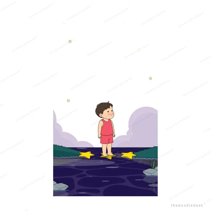 Boy beside three stars laid out on the ground while a shooting star falls behind him
