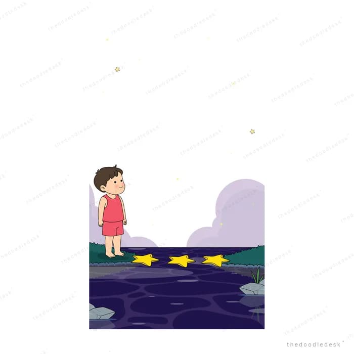 Boy standing beside a row of three stars he has gathered on the dark hill