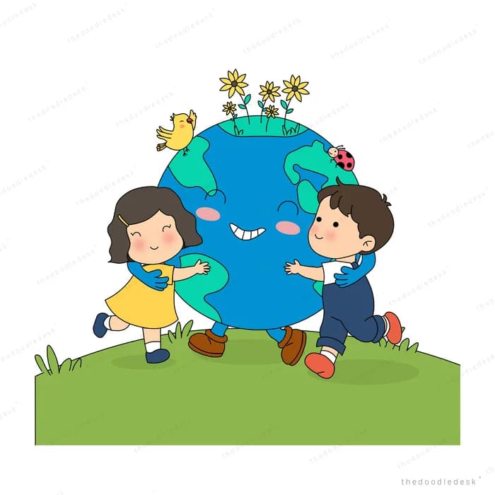 Two children hugging a smiling earth globe crowned with flowers on a green hill