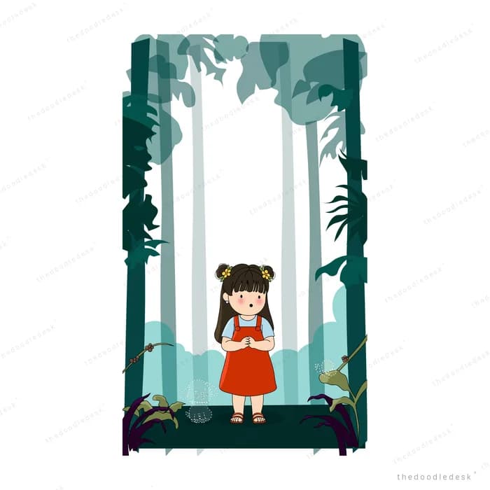 Girl in a red dress standing among very tall trees in a dense forest