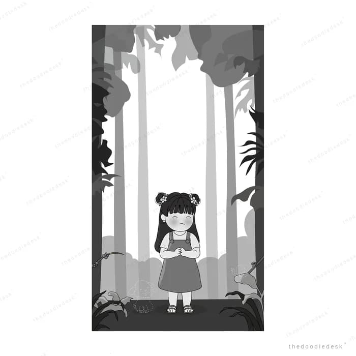 Girl standing alone among tall forest trees in a greyscale scene