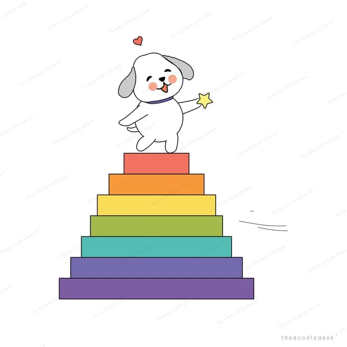 Round white creature holding a star while standing on top of a rainbow stack of steps