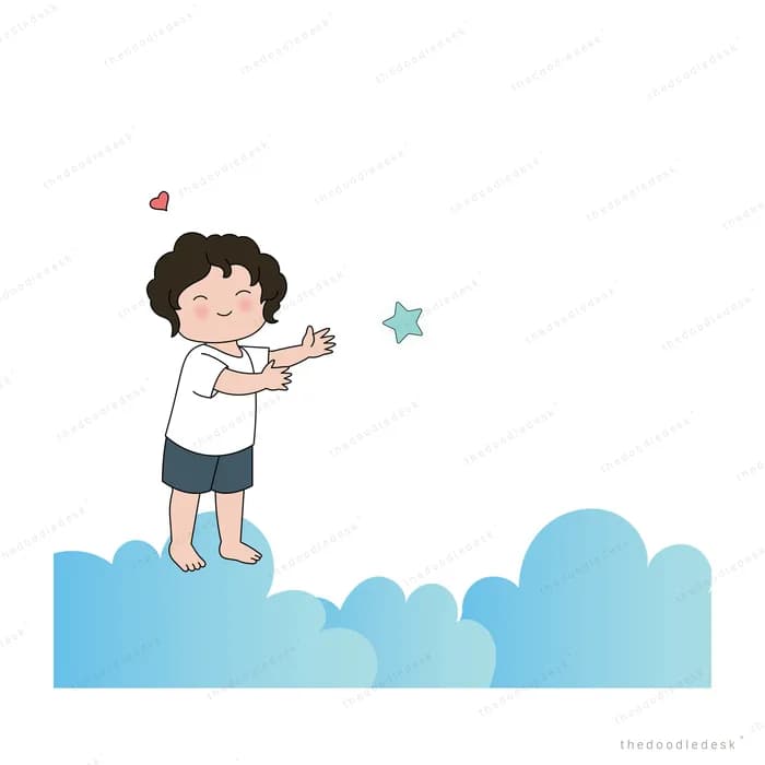 Girl standing on a blue cloud reaching out to a small teal star