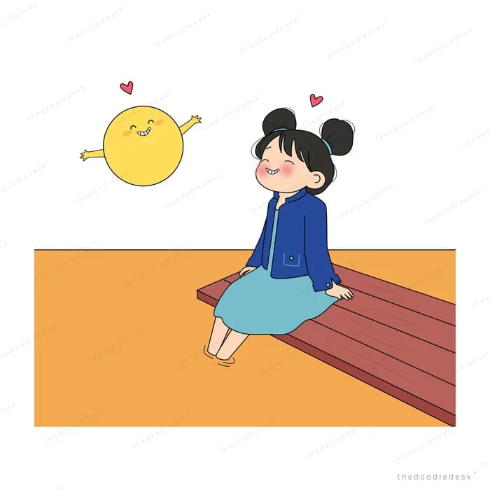 Girl sitting on a wooden deck greeting a small smiling sun with a heart between them