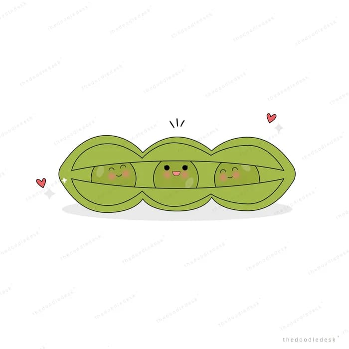 Three smiling peas nestled together inside an open green pea pod