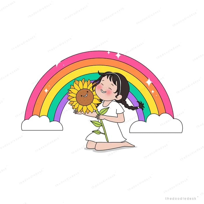 Girl kneeling to smell a tall sunflower in front of a big rainbow and clouds