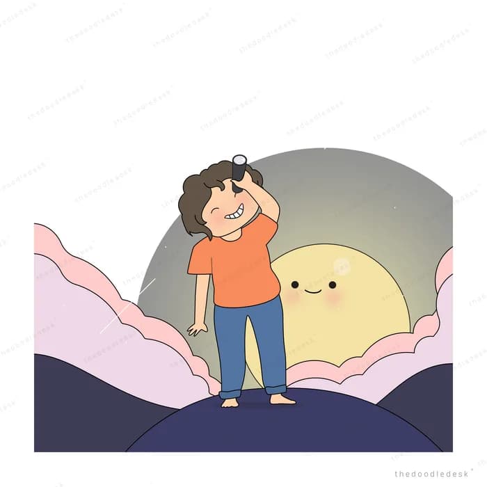 Boy on a dark hill saluting a big smiling moon with pink light streaming past