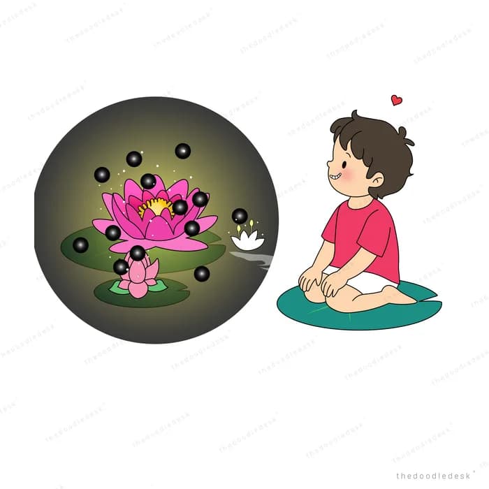 Boy kneeling on a teal lily pad beside a dark orb holding a glowing pink lotus on a pond