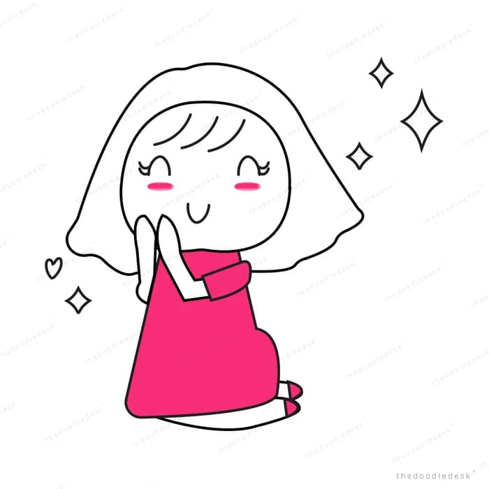 Girl in a pink dress standing with hands clasped, sparkles around her