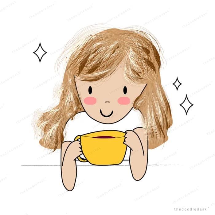 Long-haired girl holding a big yellow mug with both hands