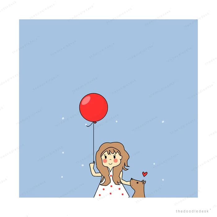 Girl holding a red balloon against a blue sky panel