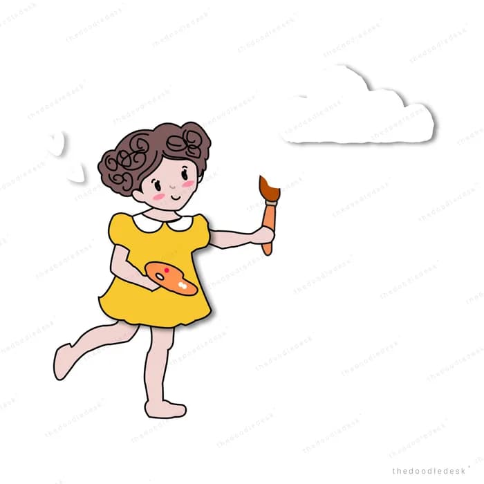 Girl in a yellow dress reaching up toward a cloud