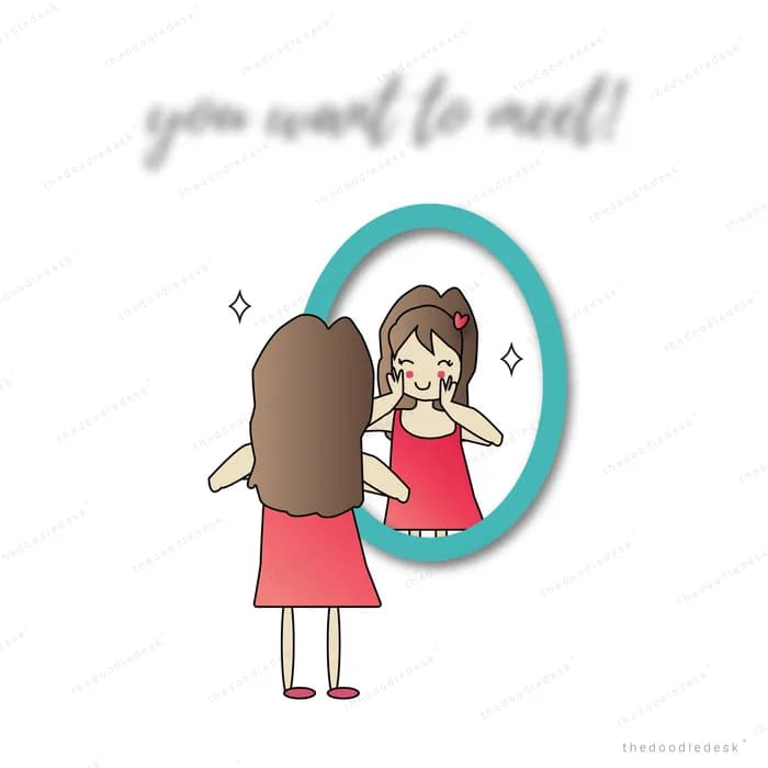 Girl facing an oval mirror seeing a happier reflection of herself
