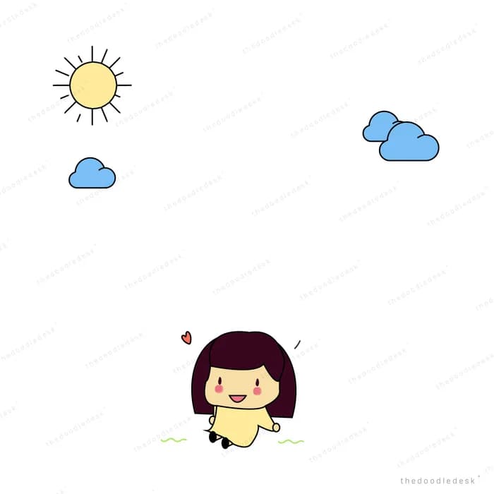 Girl in yellow sitting under a sun with drifting clouds