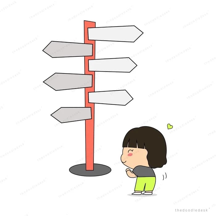 Girl looking up at a signpost with many direction arrows