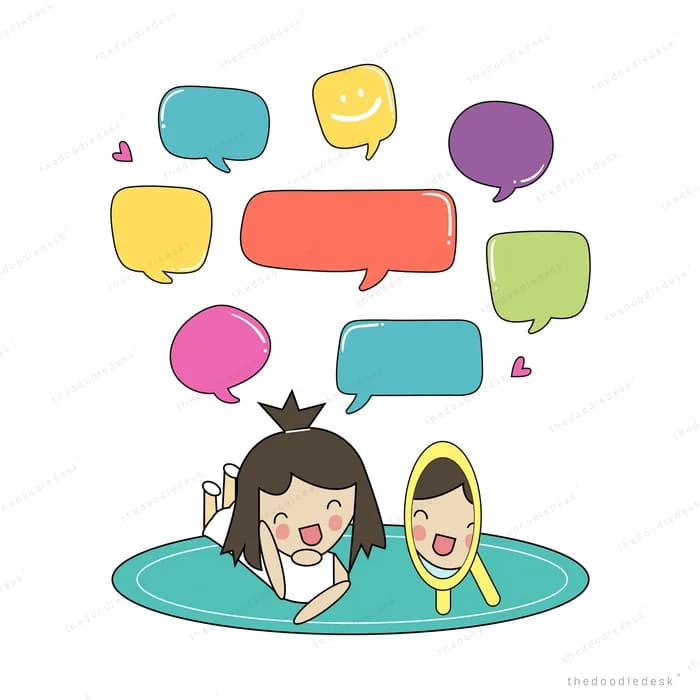 Three friends under a cluster of colorful speech bubbles