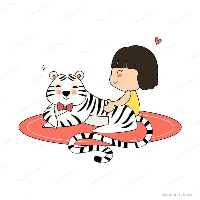 Girl lying belly-down on a tiger rug with hearts