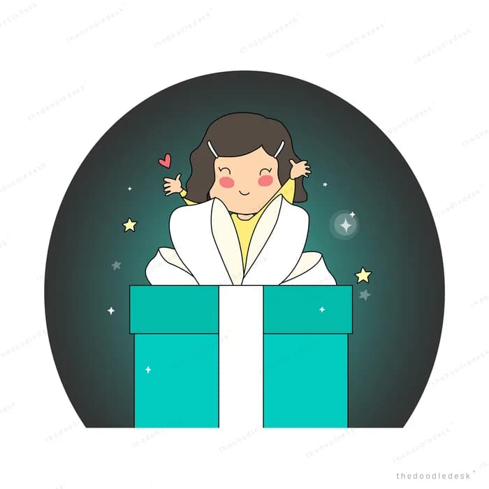 Woman in a robe emerging from a gift box against a starry circle