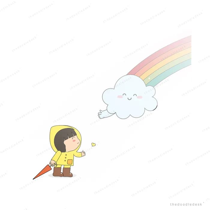 Child in a yellow raincoat watching a rainbow beside a cloud