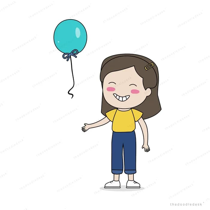 Girl standing and holding a blue balloon by its string