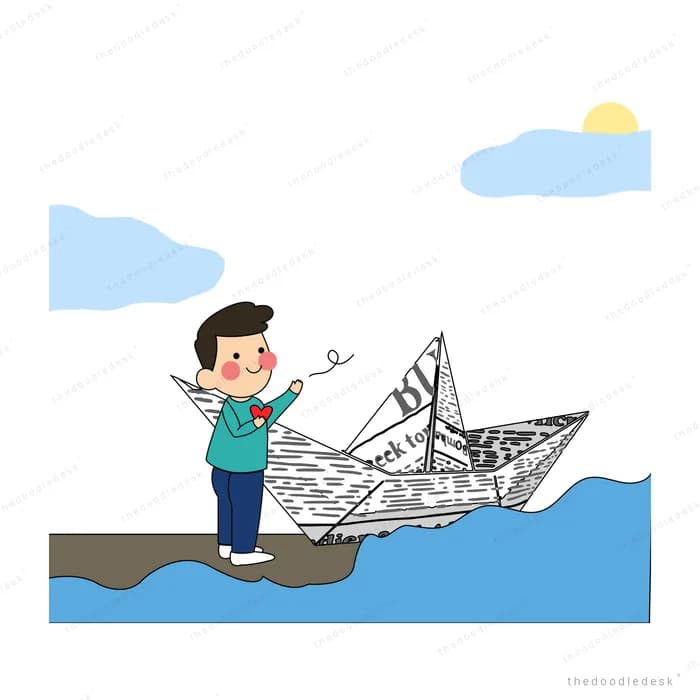 Boy standing on a paper boat floating on water
