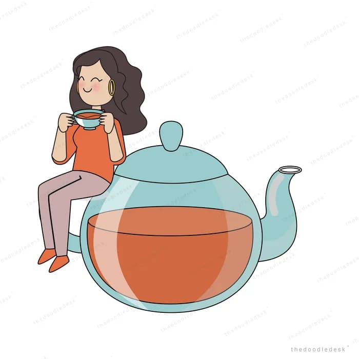 Woman sitting on a giant teapot sipping from a cup