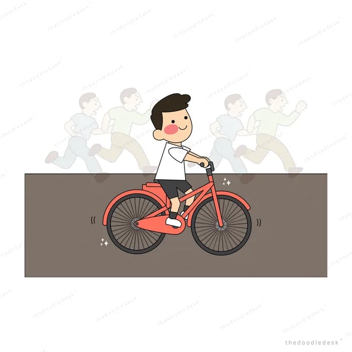 Man cycling ahead of a faded crowd on a dark band