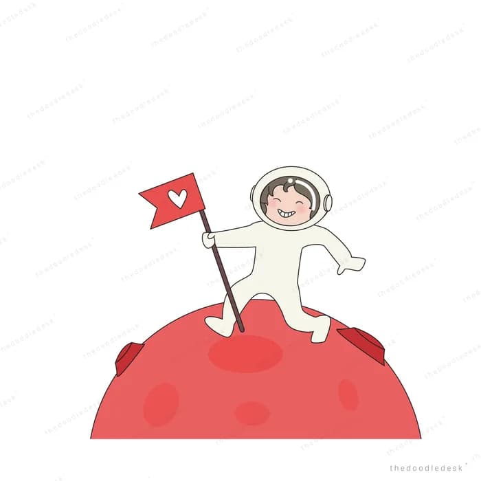 Child astronaut planting a red flag on a red planet