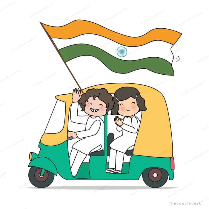 Family riding an auto-rickshaw with an Indian flag