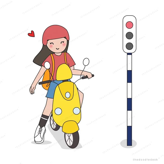 Girl in a helmet on a yellow scooter at a traffic signal