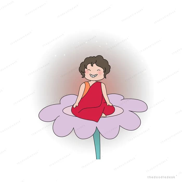Girl in red seated in a purple flower against a night circle