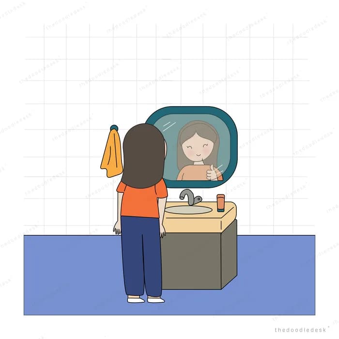 Woman at a bathroom mirror doing her morning routine