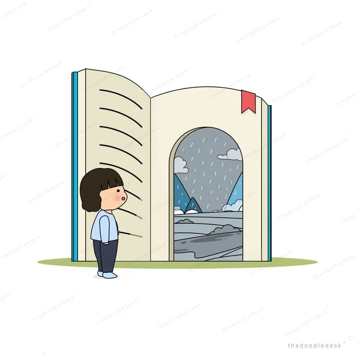 Boy standing before a giant open book shaped like a doorway
