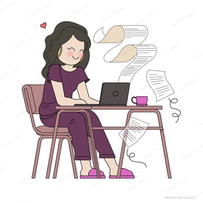 Woman at a desk on a laptop with papers flying off