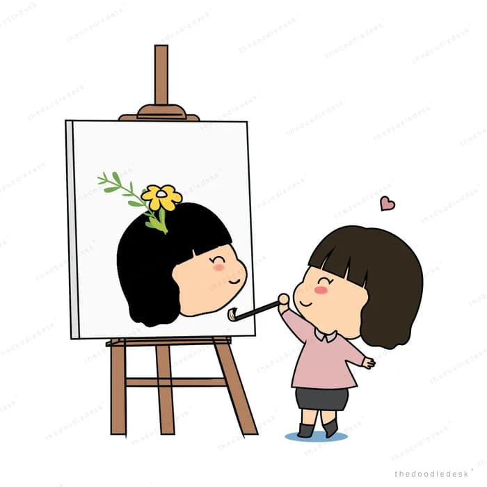 Girl painting a portrait at an easel while another watches