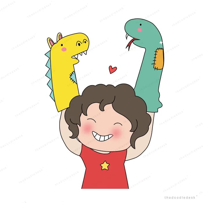 Girl in red raising both arms with dinosaur balloons behind