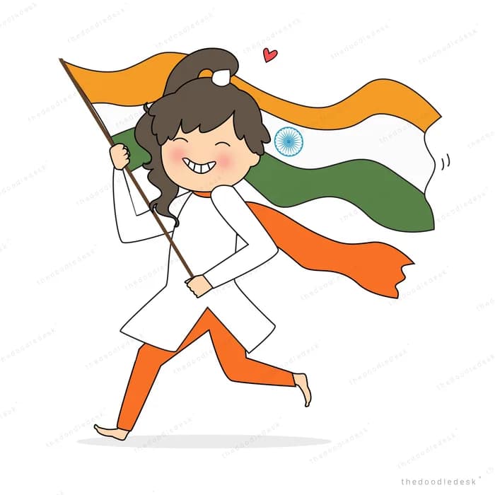 Woman striding forward holding the Indian flag aloft