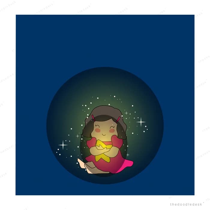 Girl sitting in a glowing sphere against a deep blue night