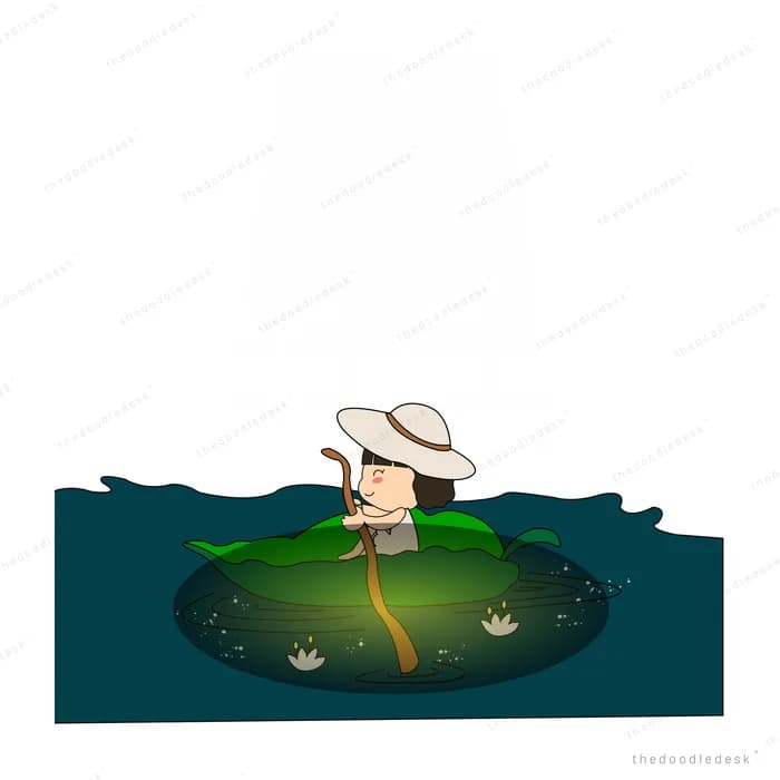Person in a straw hat fishing at the edge of a pond