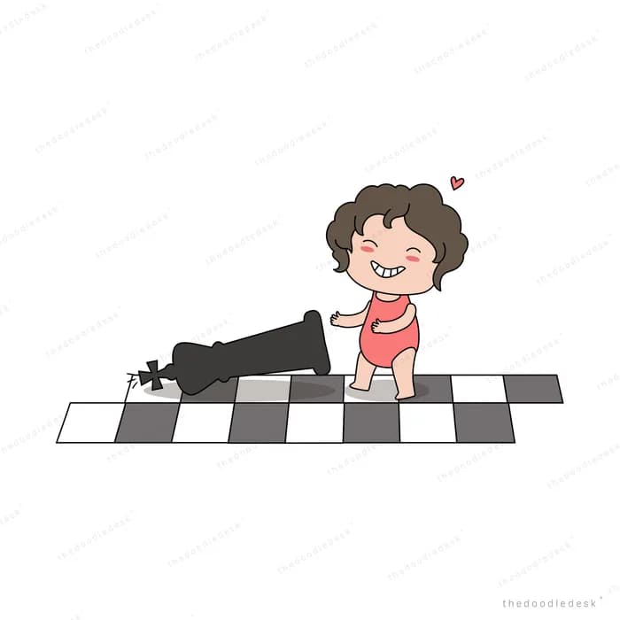 Girl sitting on a chequered floor beside a person lying down