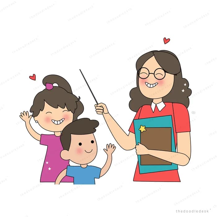 Teacher with a pointer and clipboard beside two children