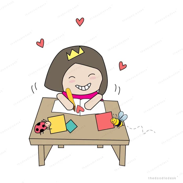 Girl at a small desk doing craft work with hearts above