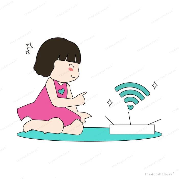 Girl sitting on the floor beside a wifi router