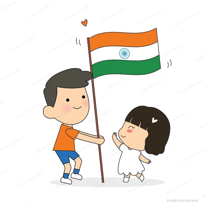 Boy and girl raising the Indian flag together