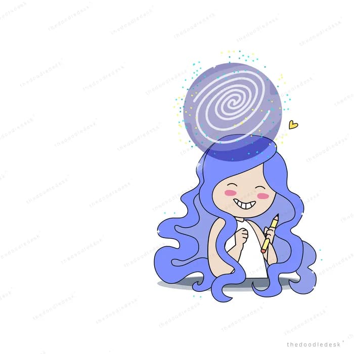 Woman with long purple hair and a swirl of thought above her head